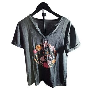 Womens‎ Graphic T Shirt Dark Gray Floral Print Short Sleeve V Neck Top Size M